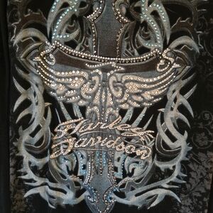 Vintage Harley Davidson long-sleeve blouse with lace sleeves and tie up back Sz